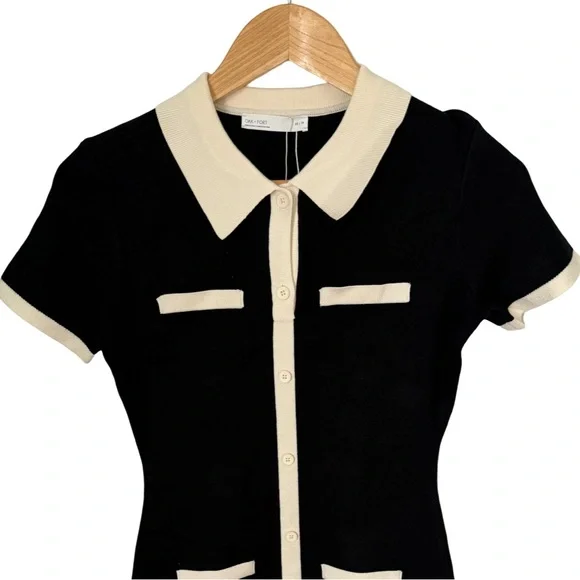 Oak + Fort Black Cream Collared Contrast Trim Knit Mini Dress NWT  Size XS - Picture 5 of 7